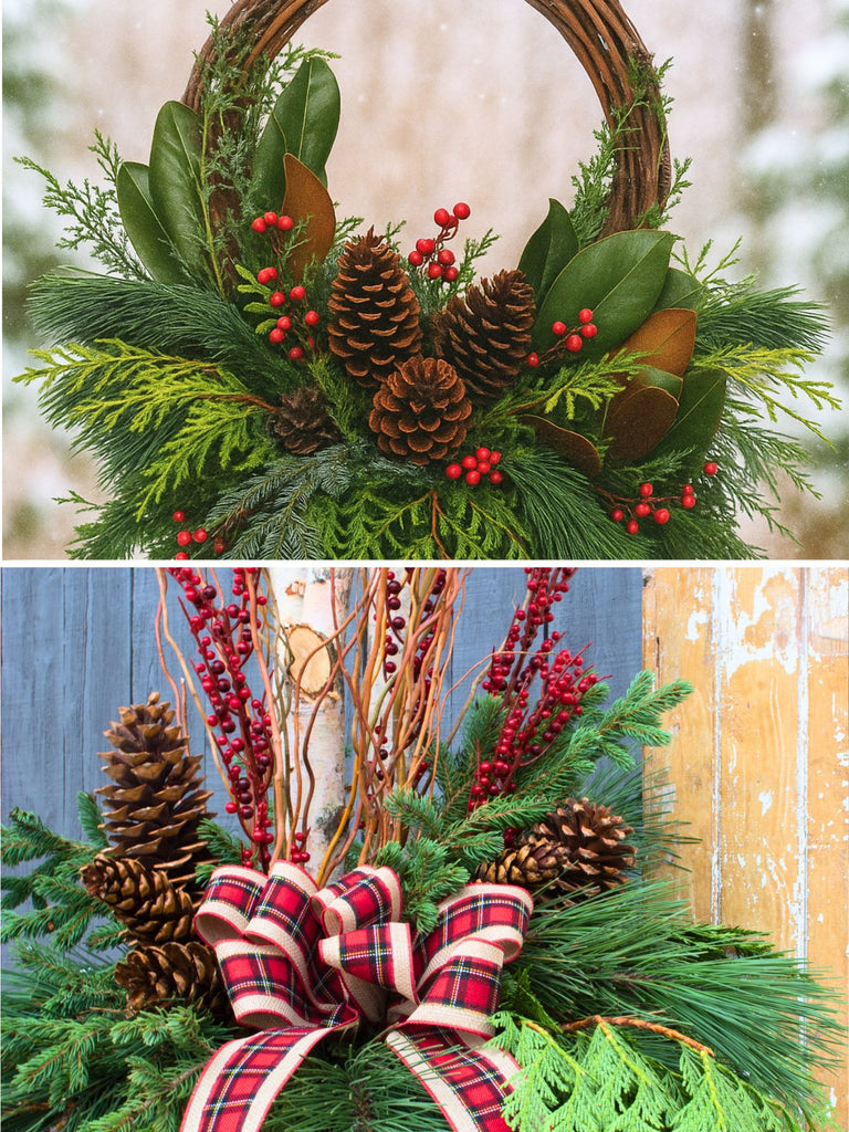 Decorative wreath with greenery, pinecones, and red berries against a blurred natural background.