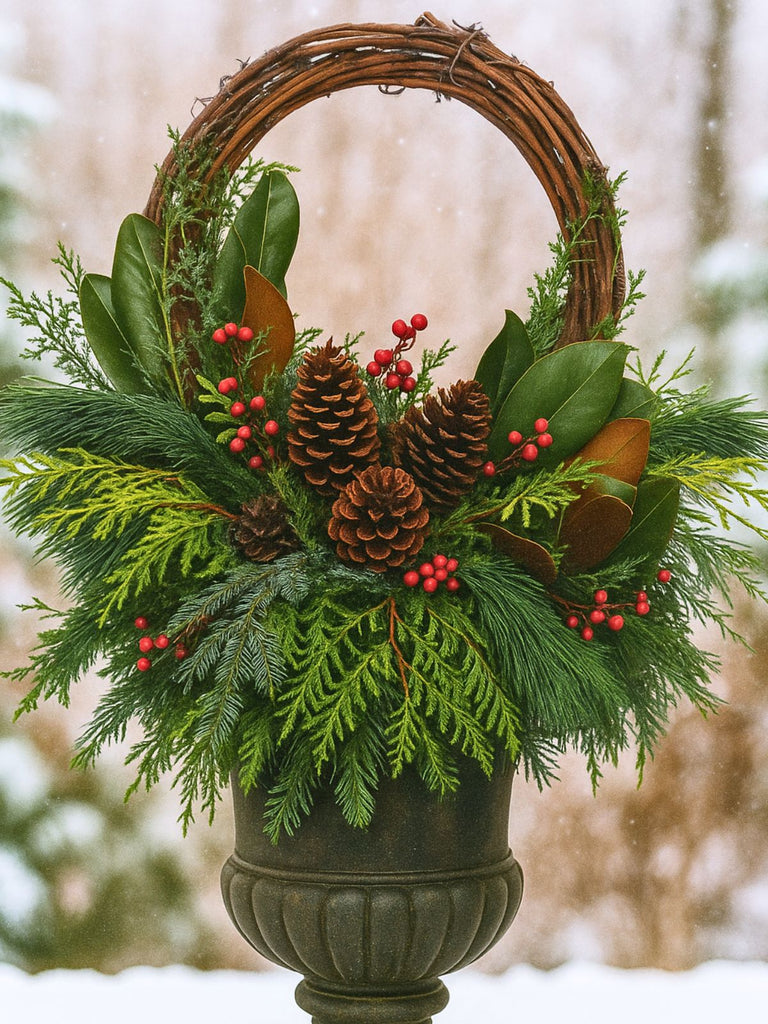 Decorative Christmas arrangement with greenery, pinecones, and berries in a woven basket against a snowy natural background.