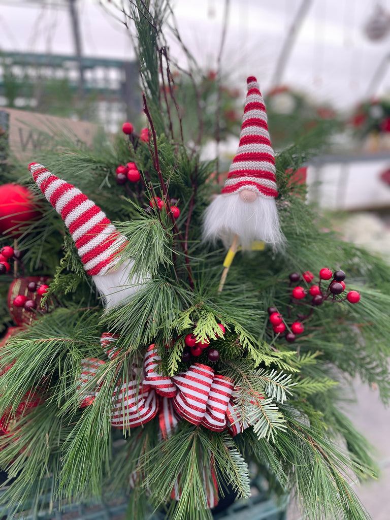 Decorative handmade urn with striped gnome hats and red berries in a greenhouse setting with fresh winter greenery.